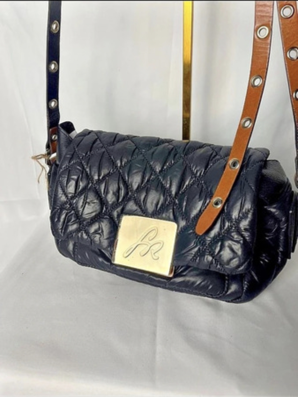 Sonia Rykiel Paris Black Quilted Puffer Crossbody Bag Gold SR Logo